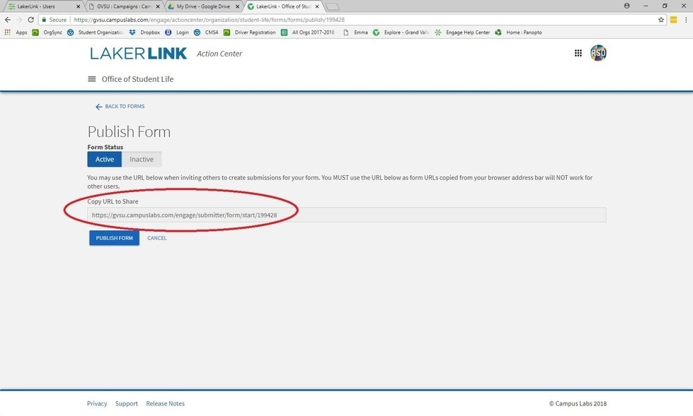 LakerLink Publish Page